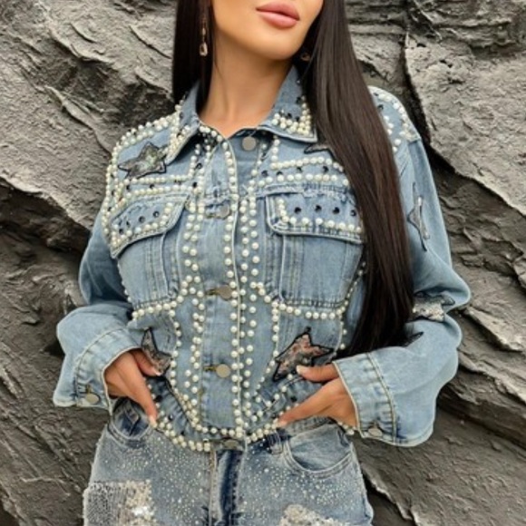 Reaching For The Stars Pearl Trims Absolutely Fabulous Jean Jacket - Picture 1 of 4